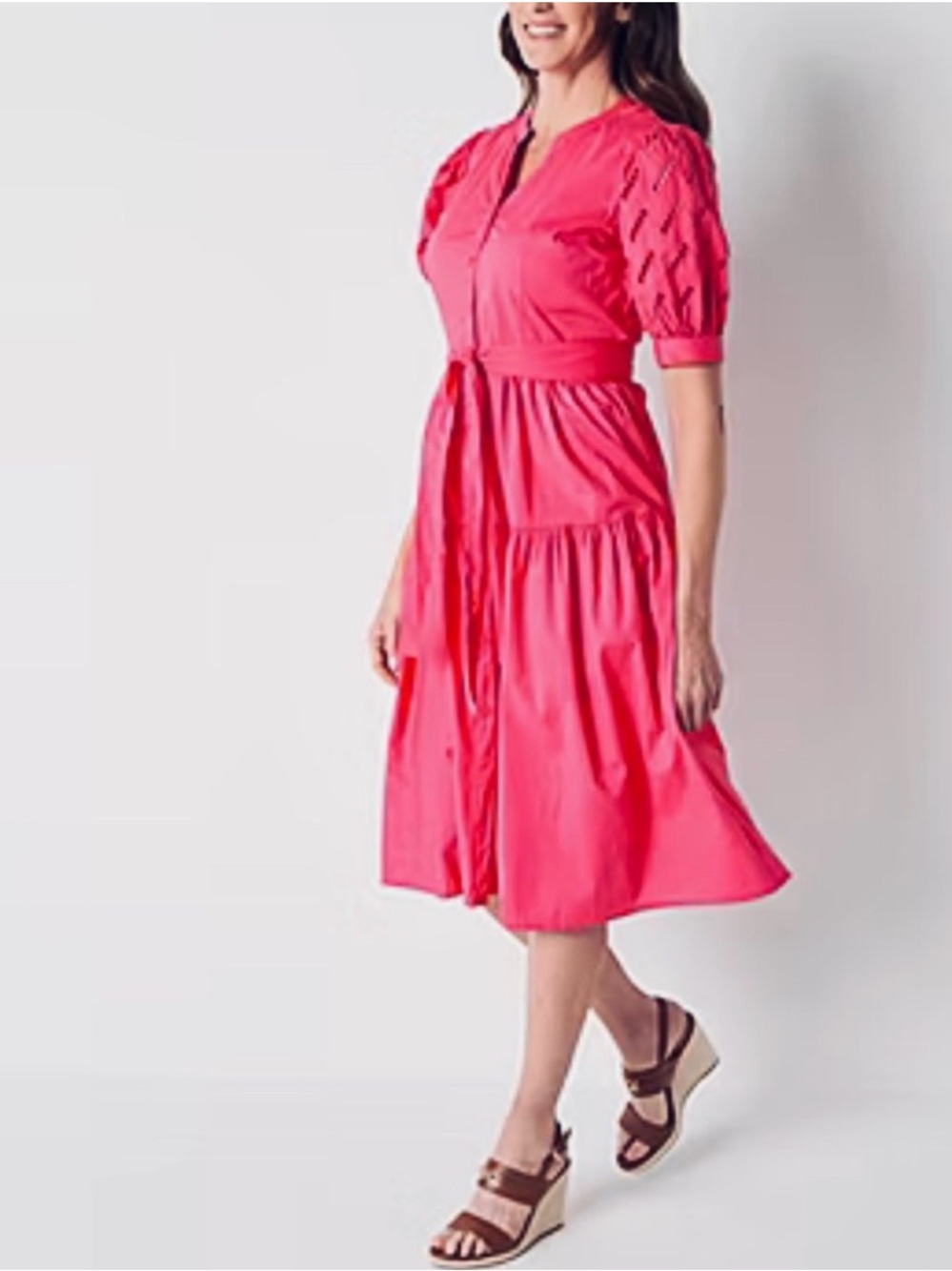 St. John's Bay Pink Button-Front tiered Midi Dress with eyelet Puff Sleeves